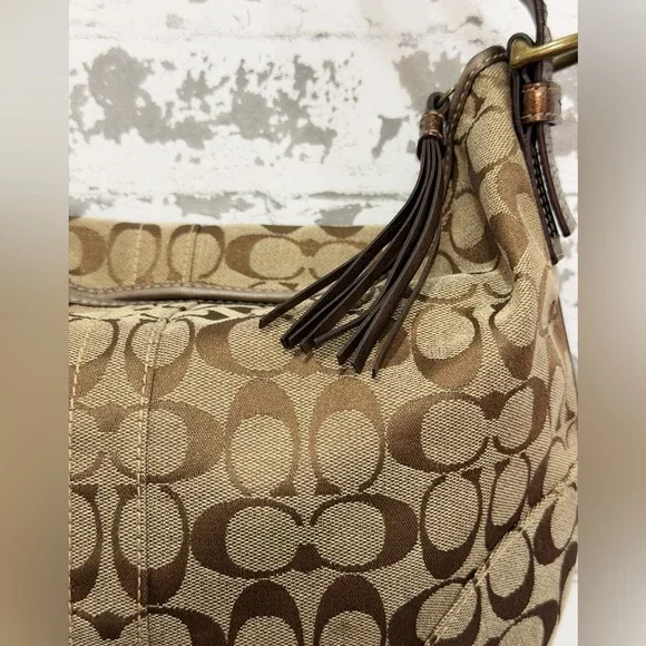 Coach Lurex Hobo Bag Metallic Tan Logo Print 8K37 | Gold Python Handle | EUC - Picture 3 of 10